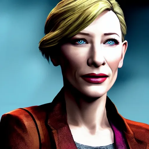 Image similar to cate blanchett portrait, borderlands, tales from the borderlands, the wolf among us, comic, cinematic lighting, studio quality, 8 k