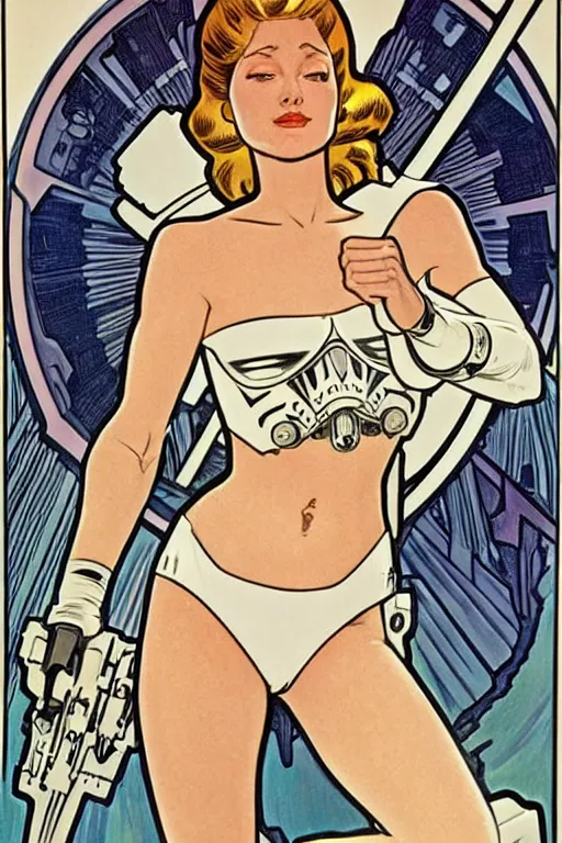 Image similar to female in white bikini with tattoos and stormtrooper helmet, well composed, clean elegant painting, beautiful detailed face. comic book art by steve ditko and jack kirby and ( alphonse mucha )