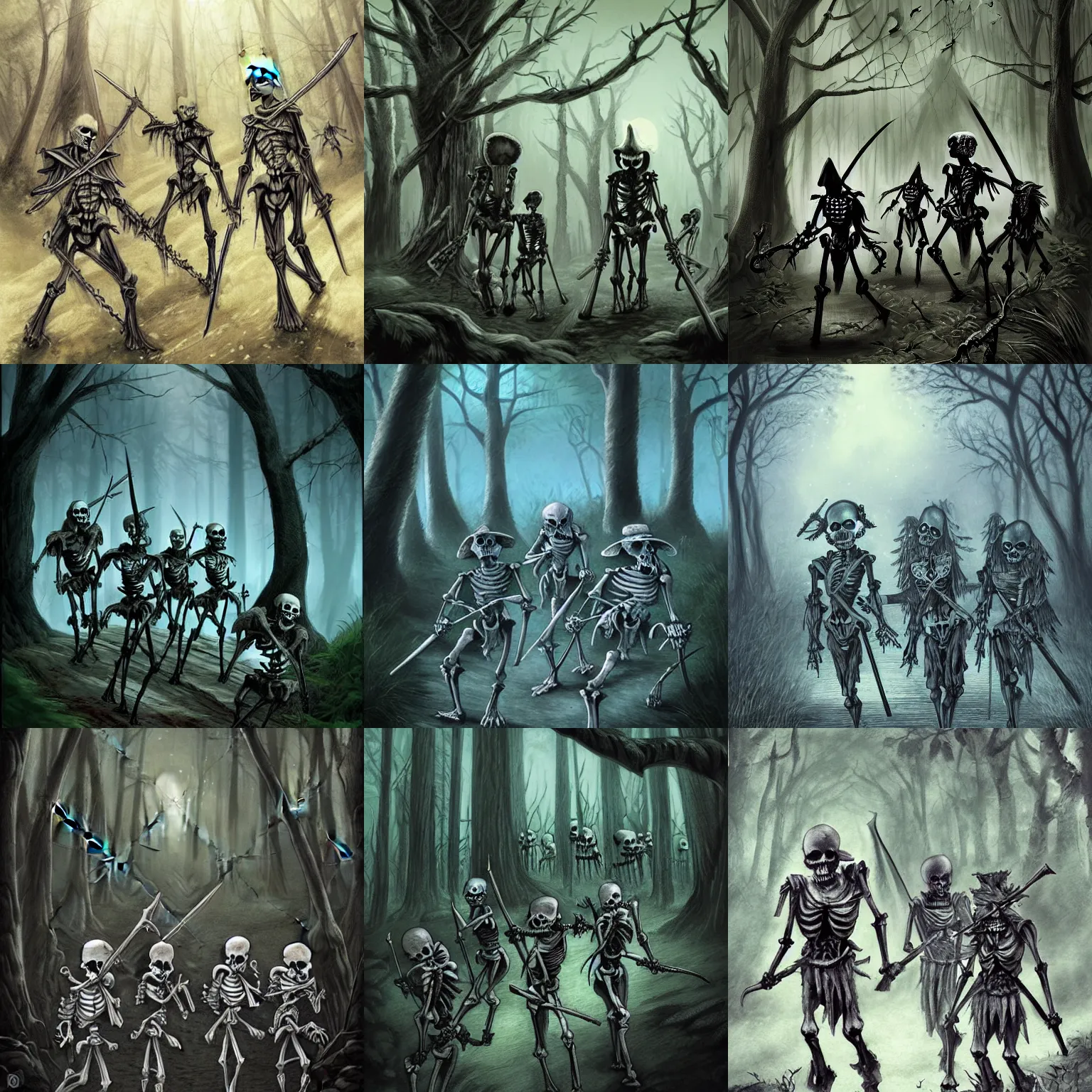 Prompt: a group of dangerous skeletons armed with swords walking in a forest at night, dnd, fantasy art, very detailed
