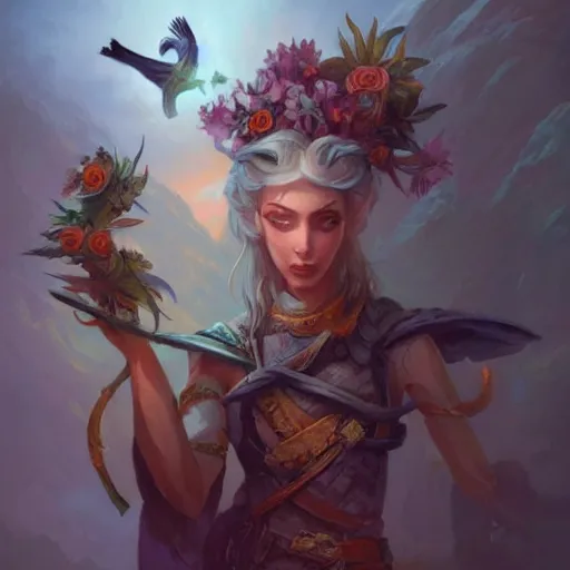 Prompt: birds and flowers, beautiful, dnd character art portrait, matte fantasy painting, deviantart artstation, by jason felix by steve argyle by tyler jacobson by peter mohrbacher, cinematic