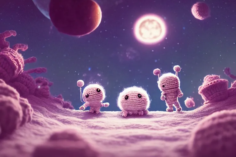 Image similar to an expedition of crochet astronauts discovering a new fluffy planet made out of yarn. cute, illustration, digital art, inspired by little big planet, by greg rutkowski, detailed, sharp, masterpiece, highly detailed, photorealistic, octane render, 8 k, unreal engine 5, trending on artstation