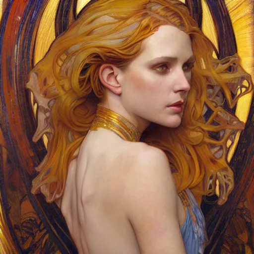 Image similar to a painting in the style of donato giancola, and in the style of charlie bowater, and in the style of alphonse mucha. smooth, sharp focus, semi - realism, symmetry.