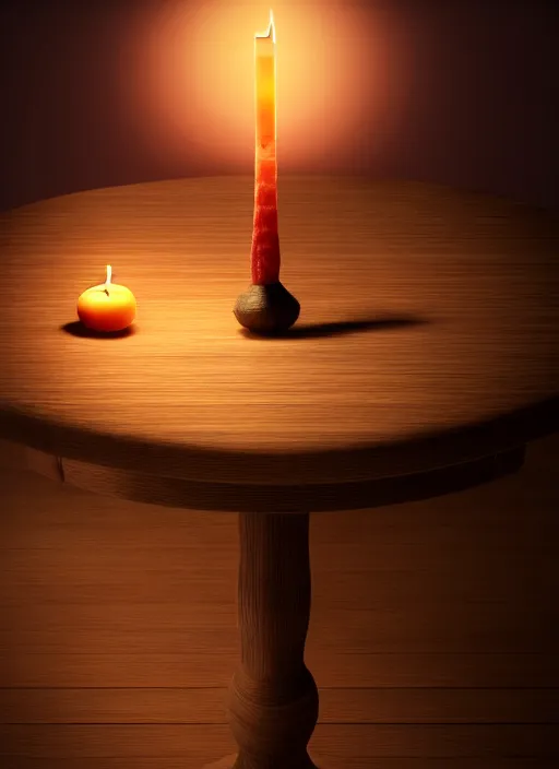 Image similar to a ballerina a wooden table, medieval concept art, cinematic lightning and colors, featured on cg society, photorealism, vray tracing, rendered in unreal engine, photorealistic, vegetables on table and candle, dark lightning, contrast shadows