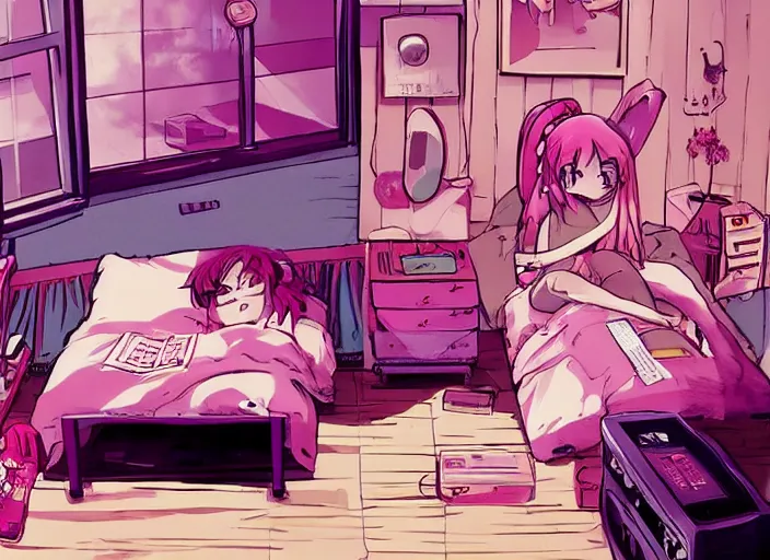 Image similar to bedroom, boring, anime, 1 9 9 0 s, retro style, aesthetic, chill, room