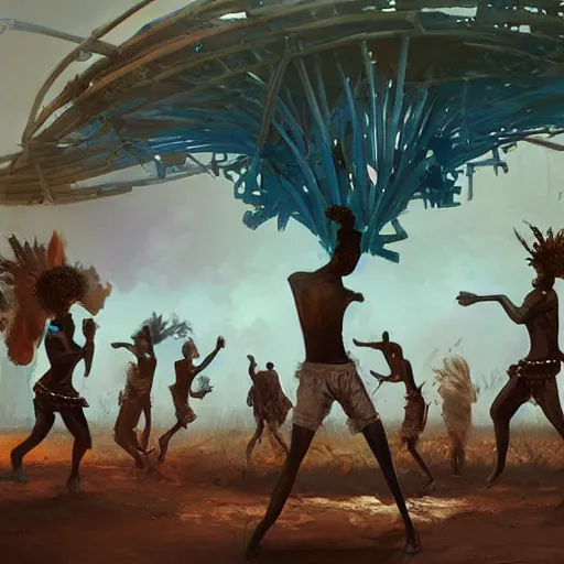 Prompt: an african tribe dancing around a steampunk portal by greg rutkowski, beeple and android jones, oil on canvas