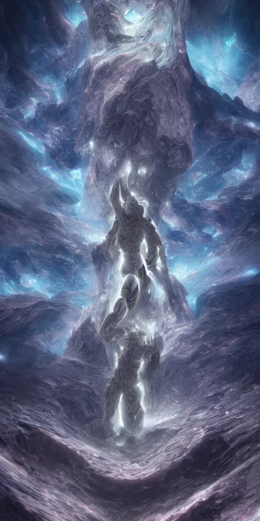 Prompt: a detsiled painting of a massive fractal humanoid cyborg celestial god sitting on a procedural pattern throne inside a massive stormy nebula, carved marble, volumetric lighting, octane render, ethereal, zbrush, cgsociety, nebula, transient, cosmic, surreal, artistic, cinematic, 8 k, ultra detailed