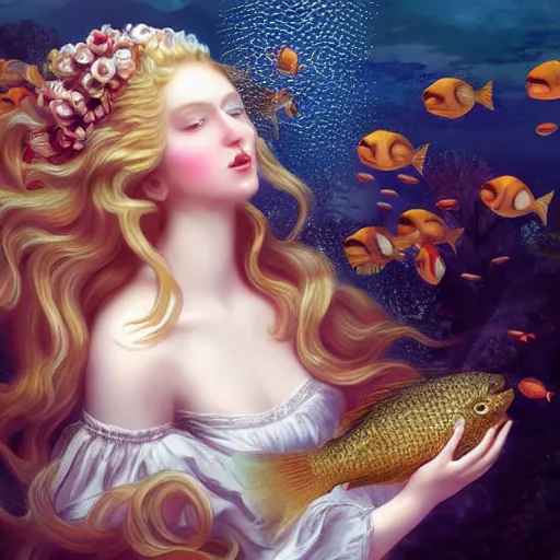 Prompt: underwater , a stunning beautiful rococo-era girl with blonde long hair and pale skin, abundant detail, fish , long dress character photography art