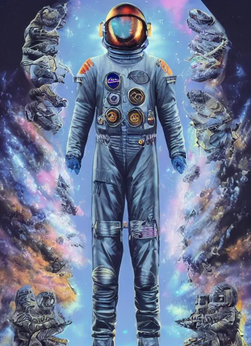 Prompt: astronaut in the space and time end of the universe - complex and hyperdetailed technical suit design. reflection and dispersion materials. rays and dispersion of light. volumetric light. f / 3 2. noise film photo. flash photography. ultra realistic, 5 0 mm. poster by wayne barlowe, hajime sorayama aaron horkey, craig mullins