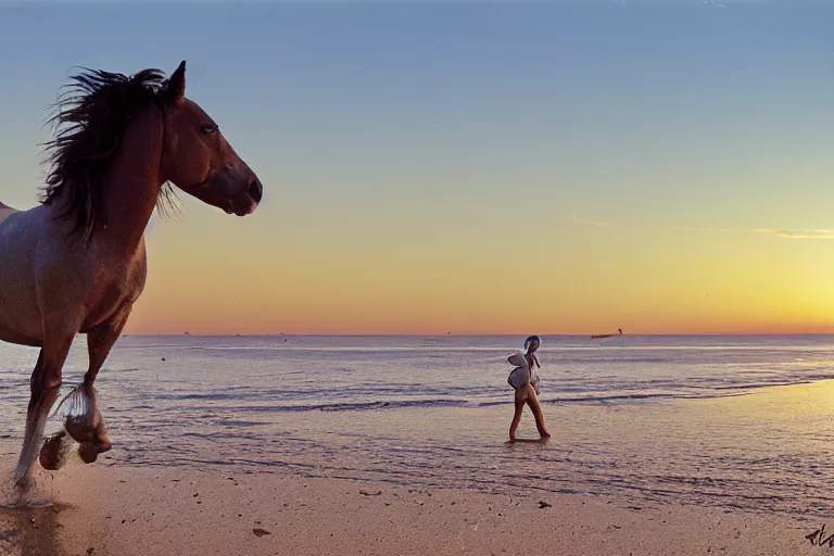 Prompt: A clockwork horse riding wild along the beach at sunset, 35mm, kodachrome, 4K UHD image