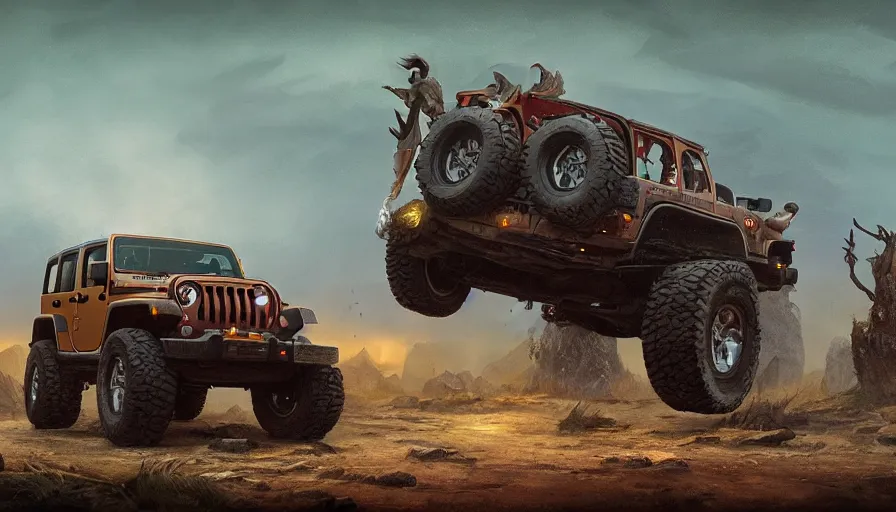 Image similar to single jeep wrangler, tribe members chasing, an epic fantasy, dramatic lighting, cinematic, establishing shot, extremely high detail, photorealistic, cinematic lighting, artstation, by simon stalenhag, horizon forbidden west