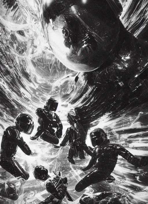 Image similar to astronauts in dark and empty void underwater - complex composition. reflection and dispersion materials. rays and dispersion of light. volumetric light. 5 0 mm, f / 3 2. noise film photo. flash photography. ultra realistic, wide angle. poster by wayne barlowe, hajime sorayama aaron horkey, craig mullins. dark key.