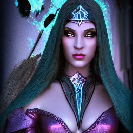 Image similar to beautiful dark sorceress female, 35mm, cinematic shot, photorealistic