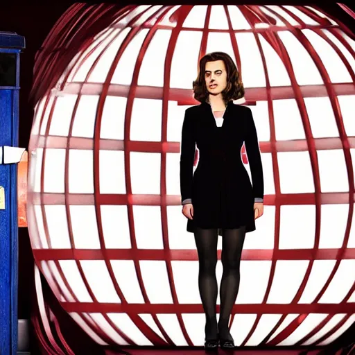 Image similar to a beautiful full body photograph of hayley atwell dressed as ( ( doctor who ) ) standing in front of the tardis, symmetrical face, extreme realism and detail, 8 k, completely framed, direct lighting, 3 5 mm photo, photorealistic, sharp focus