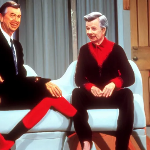 Image similar to Elvira sitting next to Mr. Rogers 8k hdr