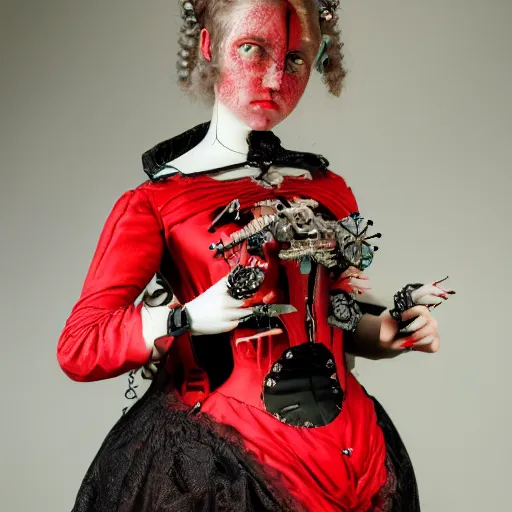 Image similar to red gothic cyborg victorian bizzare porcelain woman with artnouveau garment and ornaments sharp focus 8 k