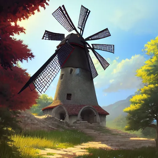 Image similar to concept art painting of a historic windmill with european and japanese architecture, in a small medieval village surrounded by trees, in a mountain valley, realistic, detailed, cel shaded, in the style of makoto shinkai and greg rutkowski and james gurney