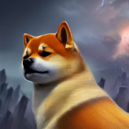 Image similar to a painting of a shiba inu with dragon wings, hd, hdr, ue 5, ue 6, unreal engine 5, cinematic 4 k wallpaper, 8 k, ultra detailed, high resolution, artstation, award winning