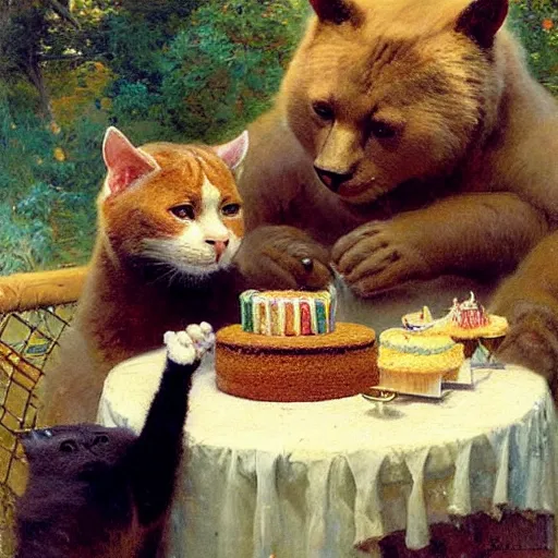 Image similar to a half cat half bear hybrid eating cake at his 7 0's birthday at a zoo, highly detailed painting by gaston bussiere, craig mullins, j. c. leyendecker