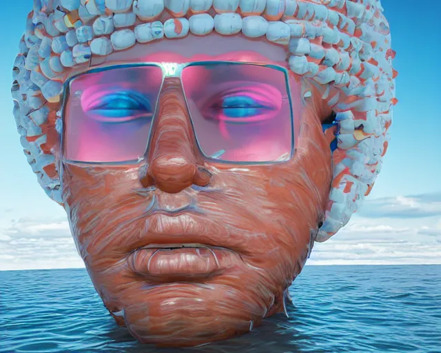 Image similar to a giant sculpture made out of inflatable pool toys in a human head shape, on the surface of the ocean, in the style of chad knight, long shot, hyper detailed, hyper realistic, ray tracing, 8 k resolution, sharp focus, realistic water, award winning sculpture