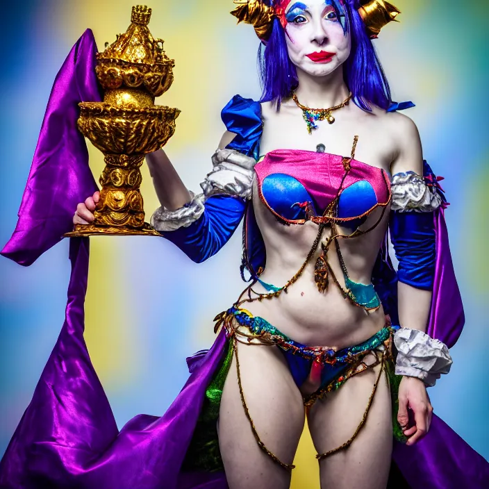 Image similar to full body photo of a real - life beautiful female jester queen, 8 k, hdr, smooth, sharp focus, high resolution, award - winning photo