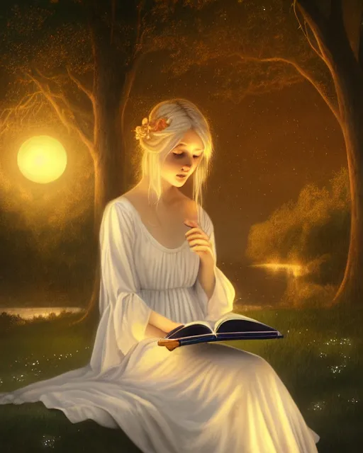 Image similar to girl in white nightgown reading a book by the river, a full moon on the horizon, dark starry sky, dreamy fantasy ambience with golden orbs and fireflies, detailed gothic illustration bright moon light, by edmund blair leighton, brom, charlie bowater, trending on artstation, faces by tom bagshaw, otto schmidt