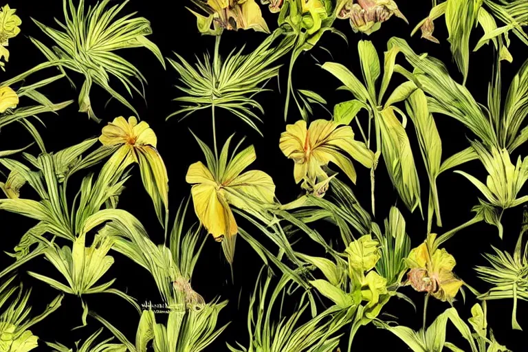 Image similar to photorealistic print of exotic, elegant tropical prints, isolated in a black background : : green surreal plants, golden flowers, art nouveau, desaturate, trending on artstation