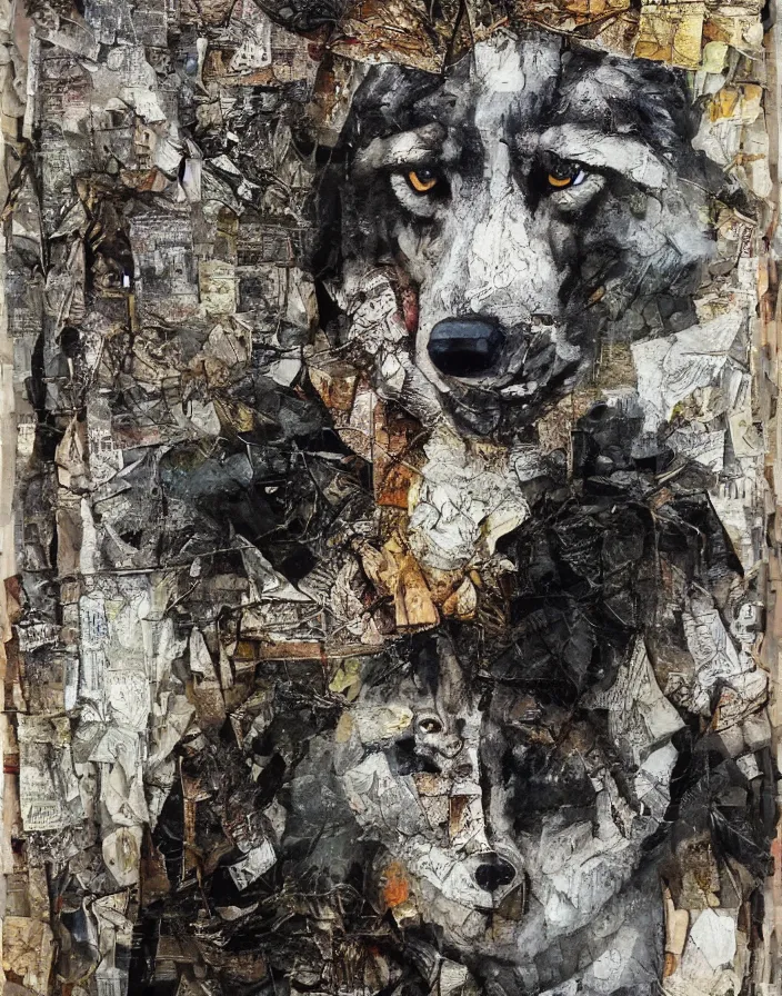 Prompt: the wolves are whispering detailed analogue mixed media collage with canvas texture in style of contemporary art, punk art, hyperrealistic beautiful face, photorealistic, expressionism, masterpiece, perfect composition, spectacular quality torn paper, intricate oil details, broken glass