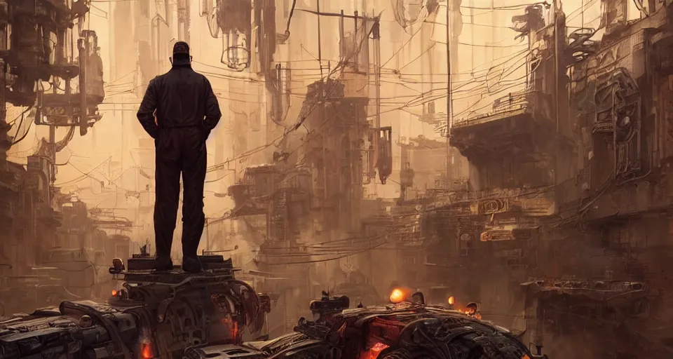 Image similar to a highly detailed epic cinematic concept art CG render digital painting artwork scene: a man kept alive by a smoking combustion engine. retrofuturistic 1920s cyberpunk steampunk. By Greg Rutkowski, Ilya Kuvshinov, WLOP, Stanley Artgerm Lau, Ruan Jia and Fenghua Zhong, trending on ArtStation, made in Maya, Blender and Photoshop, octane render, excellent composition, cinematic dystopian brutalist atmosphere, dynamic dramatic cinematic lighting, aesthetic, very inspirational, arthouse