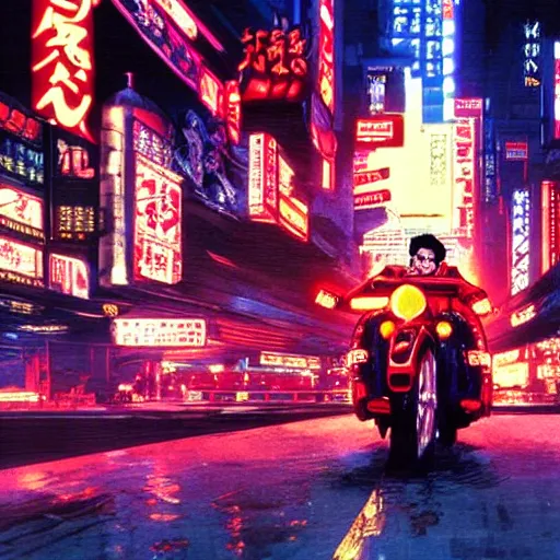 Prompt: kaneda on his motorcycle in neo tokyo looking for akira, night, neon lights, speed, art by katsuhiro otomo, ultra detailed, 8 k