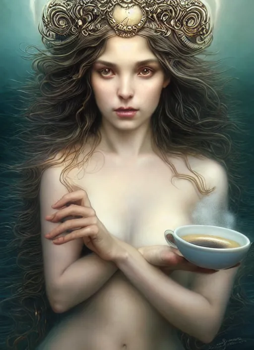 Prompt: heavenly goddess of coffee portrait of a seductive siren dreaming in underwater murky light, wind blown hair! dark fantasy esoteric, closeup, d & d, fantasy, intricate, elegant, highly detailed, digital painting, artstation, concept art, matte, sharp focus, illustration, art by artgerm and tom bagshaw and greg rutkowski and alphonse mucha