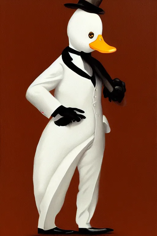 Prompt: man anthropomorphic duck wearing a white tuxedo oil on canvas full shot trending on artstation