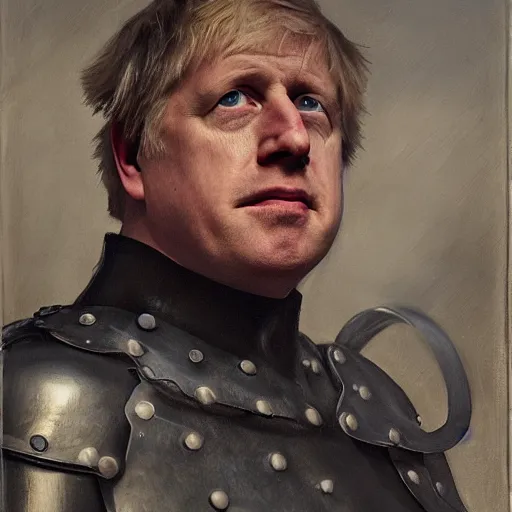 Image similar to close up of boris johnson in full leather armor, cinematographic shot, by daniel f. gerhartz