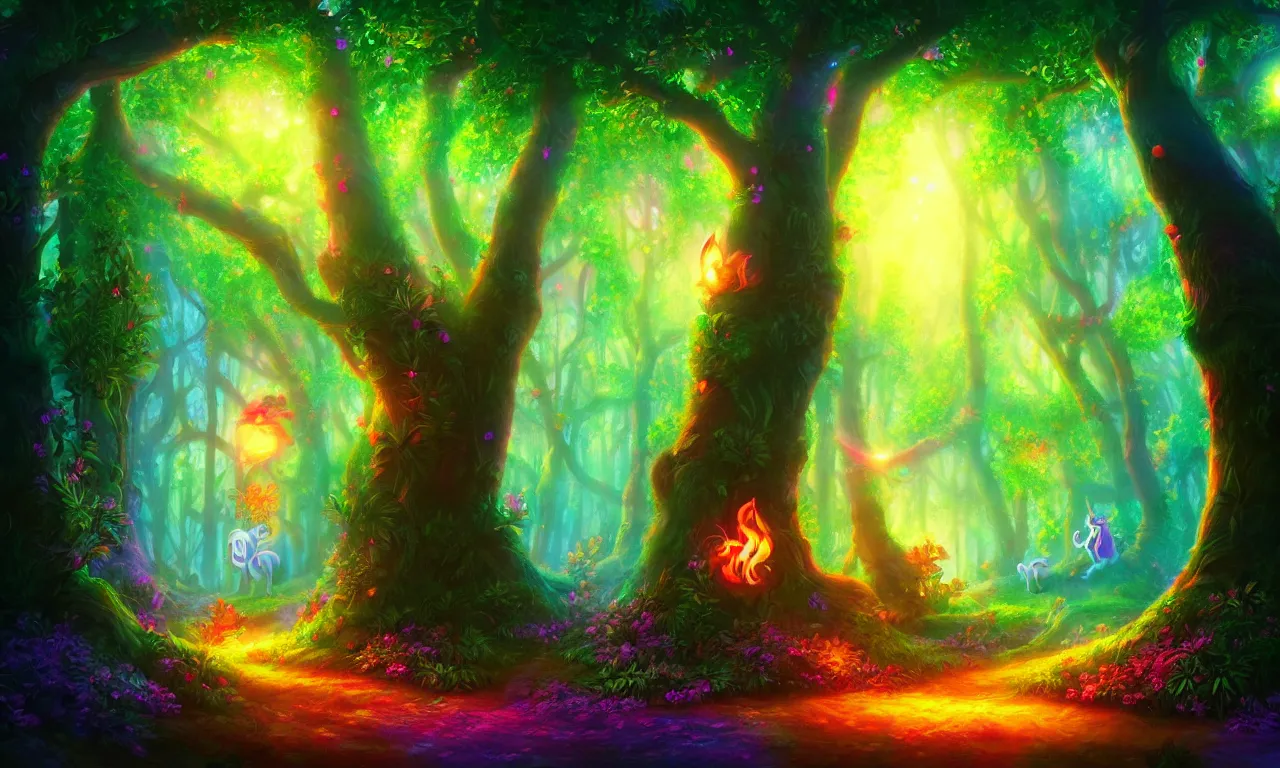 Image similar to enchanted magical forest on magical colorful fire , digital painting , digital art , artstation , devian art , 4k , HD