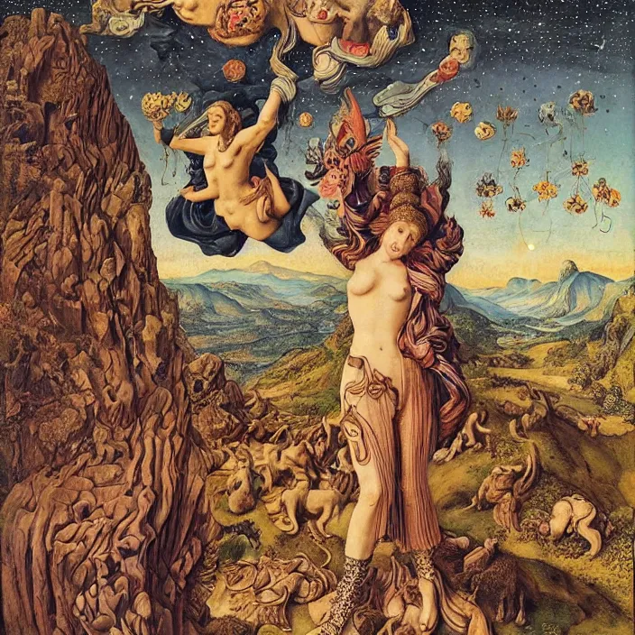 Image similar to a wide mountainous river valley with a tattood lady with animal stripes, antlers and wings transforming into a flower while the stars look like flowers by jan van eyck, ernst fuchs, nicholas kalmakoff, joep hommerson, character, full body, max ernst, hans holbein