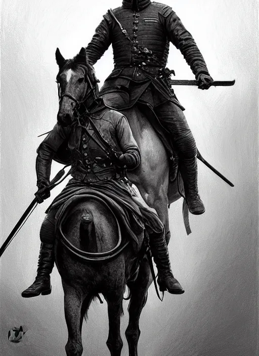 Image similar to painting of john oliver and adam driver together, riding horse, stoic, full body, military uniform, fantasy, intricate, elegant, beautiful, highly detailed, charcoal, centered, dark, smokey, digital painting, artstation, concept art, smooth, sharp focus, illustration, art by artgerm, art by greg rutkowski, art by alphonse mucha