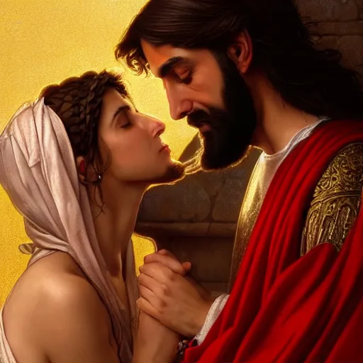 Image similar to jesus kissing a sensual woman in jerusalem, elegant, highly detailed, digital painting, artstation, concept art, matte, sharp focus, highly detailed, 4 k, hdr, smooth, sharp focus, high resolution, award - winning photo, photorealistic, art by artgerm and greg rutkowski and alphonse mucha, large shot