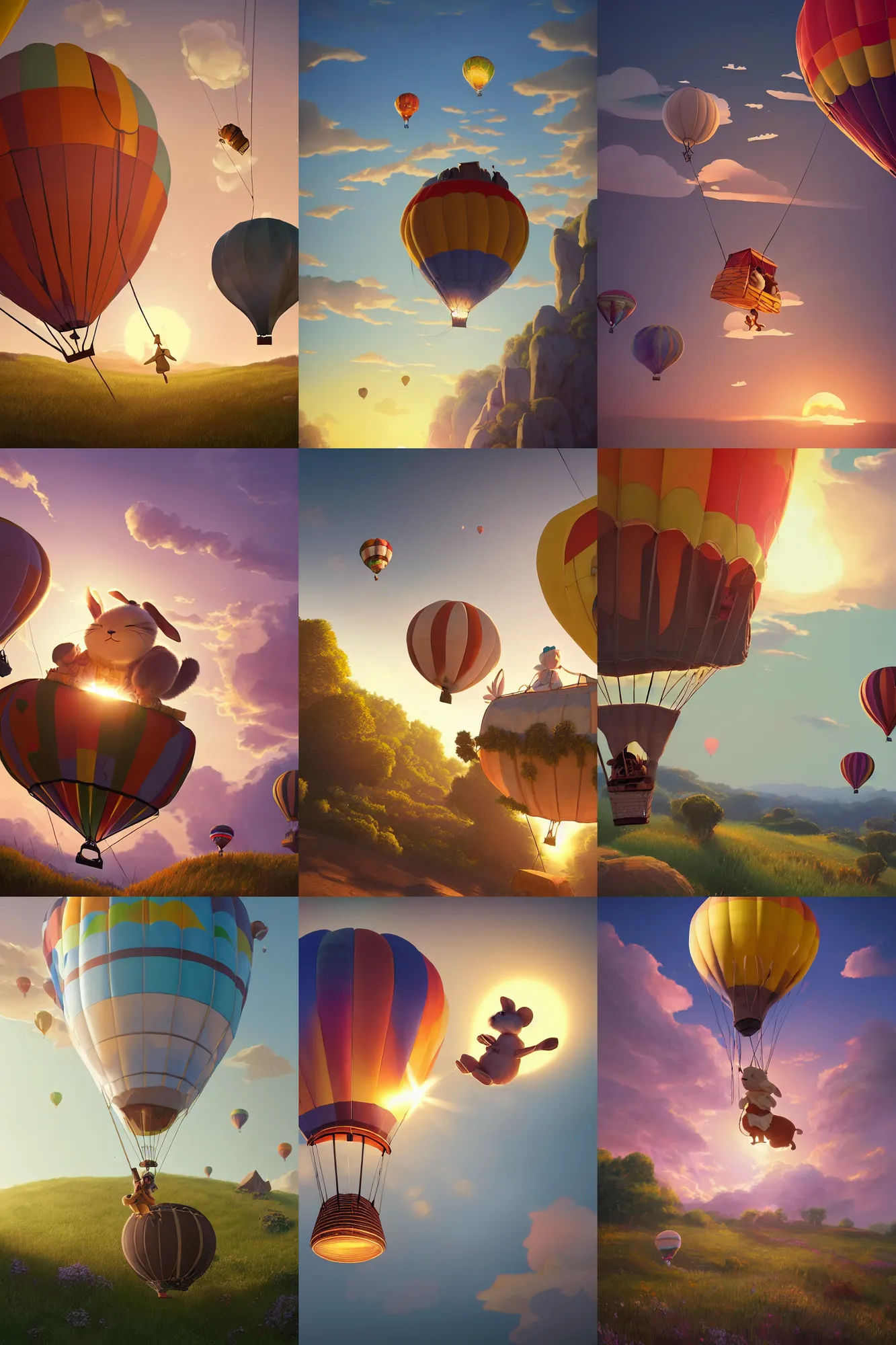 Prompt: a wholesome cottagecore illistration of a happy rabbit riding in a hot air balloon with family, sunset, studio Ghibli, Pixar and Disney animation, sharp, Rendered in Redshift and Unreal Engine 5 by Greg Rutkowski, Bloom, dramatic lighting