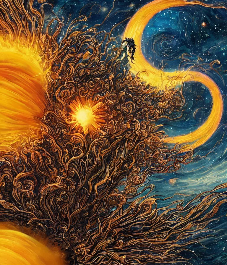 Image similar to impressive ominous cinematic fantastic realism comic book style painting of a spiraling exploding sun launching flowers across the starry night sky, strange bouquets, lighting impressive masterpiece hyper ultra detailed intricate sharp focus 8 k realistic illustration canon eos r 3 fujifilm x - t 3 0 sony alpha, artgerm colorful!!!, trending on artstation behance cgsociety, octane render nvidia raytracing demo