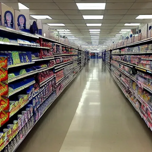 Prompt: a noisy photo of an infinite wallmart store,spooky,eerie,endless,scary,alone,scary atmosphere,dark