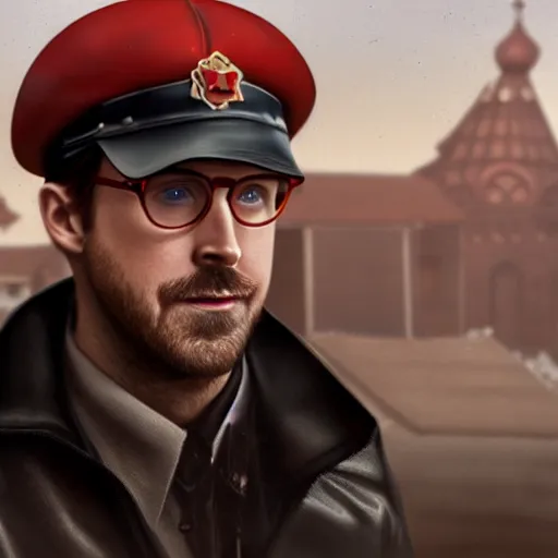 Prompt: fullbody of ryan gosling in glasses, wearing black leather coat and soviet russian peaked cap with little red star, russian ww 1, russian thach houses at background, style ivan talavera and artgerm, radiant lighting, hyper realistic, photorealistic, octane render, trending on artstation, cgsociety, cinematic light, global illumination, high detailed face
