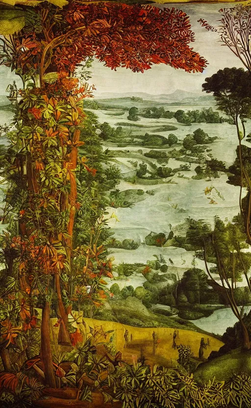 Prompt: mural depicting a beautiful sunrise over a lush forest during fall, in the style of sandro botticelli, caravaggio, albrecth durer