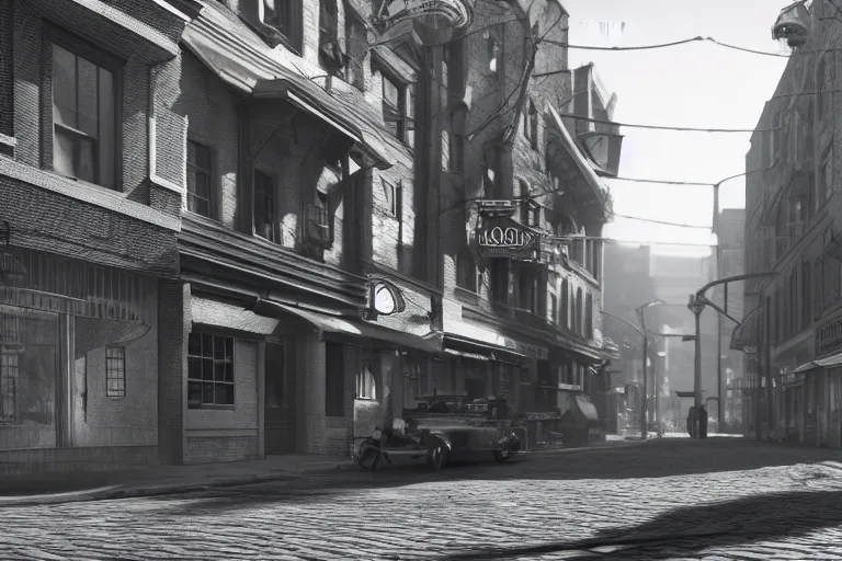 Image similar to still photo of a 1 9 0 0 s street, film noir, highly detailed, photorealistic portrait, bright studio setting, studio lighting, crisp quality and light reflections, unreal engine 5 quality render