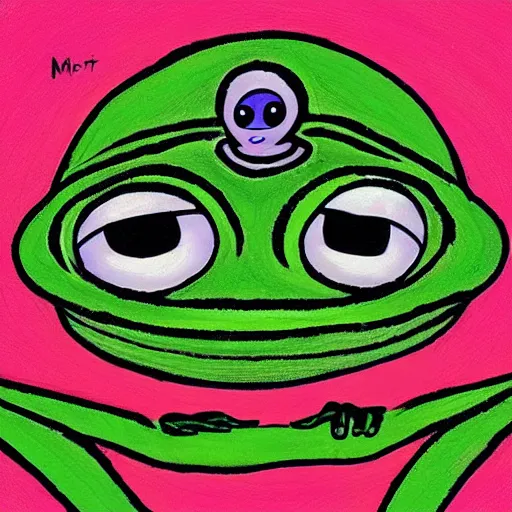 Image similar to a portrait of an alien pepe the frog meditating and reaching nirvana, shiny big eyes reflecting the universe. by matt furie