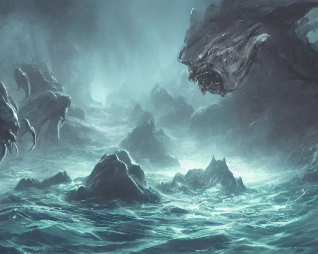 Image similar to a creepy underwater image of terrible monsters / creatures of the depths, swarming at the bottom of the ocean in an insane frenzy, matte painting, ultra wide shot, sharp focus, wallpaper art, dramatic lighting, artwork by shan qiao, albert bierstadt and murata ranga