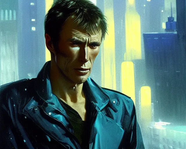 Image similar to 2 0 1 8 blade runner movie young man young clint eastwood in his youth look at the cityscape from roof perfect face fine realistic face pretty face reflective polymer suit tight neon puffy jacket blue futuristic sci - fi elegant by denis villeneuve tom anders zorn hans dragan bibin thoma greg rutkowski ismail inceoglu illustrated sand storm alphonse mucha