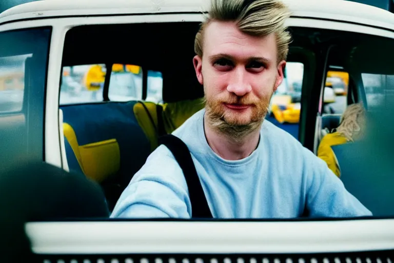 Image similar to candid photo of a Caucasian man sat in back of a UK taxi, Kodak Portra 400,8K,highly detailed: beautiful perspective extreme closeup portrait photo in style of 2000s retrofuturism, photography fashion edition, tilt shift, highly detailed, focus on man ;blonde hair;blue eyes, clear eyes, soft lighting