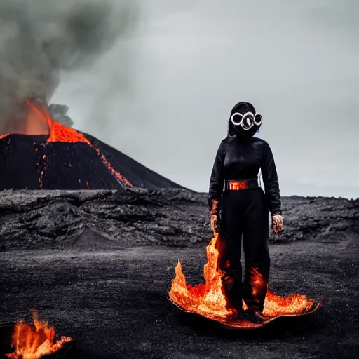 Prompt: woman with white suit with a dragon, she wear red eyed gasmask, in volcano, standing close to volcano, fire raining, professional photography, black and white, cinematic, eerie