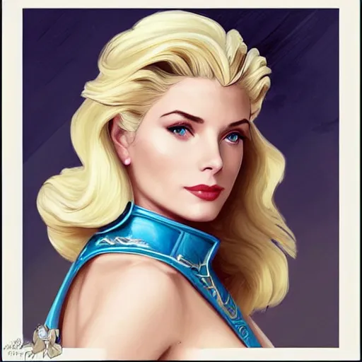 Image similar to A combination of Grace Kelly's and Katheryn Winnick's and Ashley Greene's faces with blue hair as She-Ra, western, D&D, fantasy, intricate, elegant, highly detailed, digital painting, artstation, concept art, matte, sharp focus, illustration, art by Artgerm and Greg Rutkowski and Alphonse Mucha