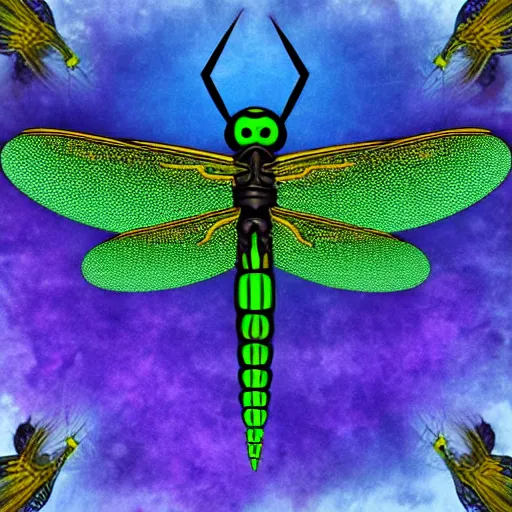 Prompt: dragonfly recording a new music, dark fantasy, electronic music, rave, HD, strong contrast