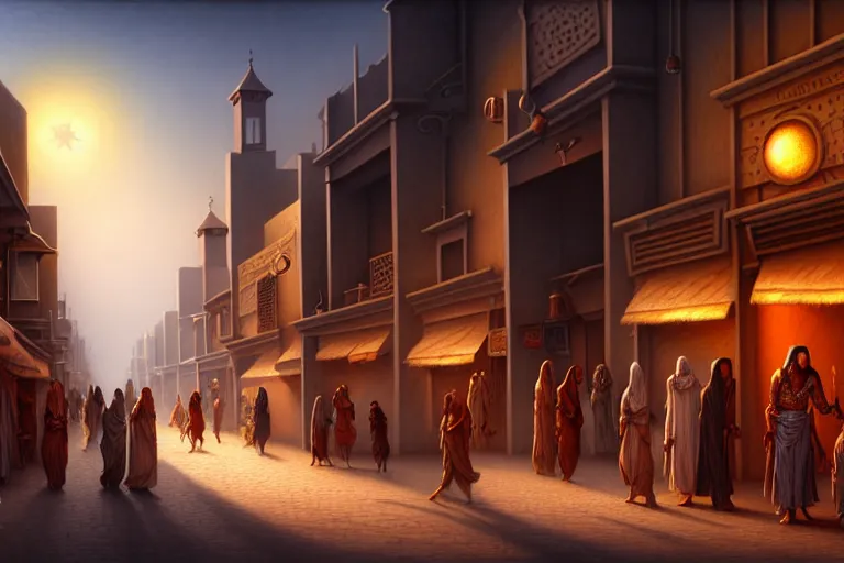 Image similar to a highly detailed crowded bazaar street in the desert city of tyr from the land of athas, amazing dark sun digital painting, by gerald brom, brom digital art, concept art, intricate details, ultra realistic, beautiful art, volumetric lighting, a blazing corona around the dark sun, by brom, trending cgsociety, artstation, rim lighting, 8 k